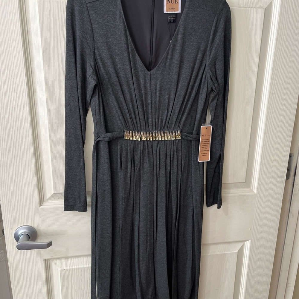 Nue by Shani Charcoal Long Sleeve Dress with Gold Accents
